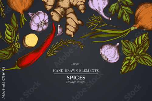 Floral design on dark background with onion, garlic, pepper, greenery, ginger, basil, rosemary
