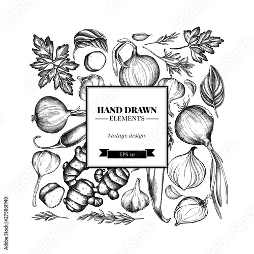 Square floral design with black and white onion, garlic, pepper, greenery, ginger, basil, rosemary