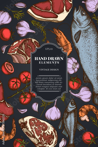 Card design on dark background with garlic, cherry tomatoes, fish, shrimp, beef, rosemary
