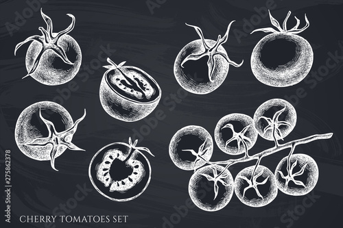 Vector set of hand drawn chalk cherry tomatoes