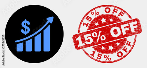 Rounded success financial chart icon and 15% Off stamp. Red rounded scratched seal stamp with 15% Off caption. Blue success financial chart icon on black circle.