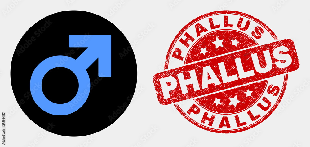 Rounded male symbol icon and Phallus watermark. Red rounded distress seal stamp with Phallus text. Blue male symbol icon on black circle. Vector composition for male symbol in flat style. Rounded male symbol icon and Phallus watermark. Red rounded distress seal stamp with Phallus text. Blue male symbol icon on black circle. Vector composition for male symbol in flat style.