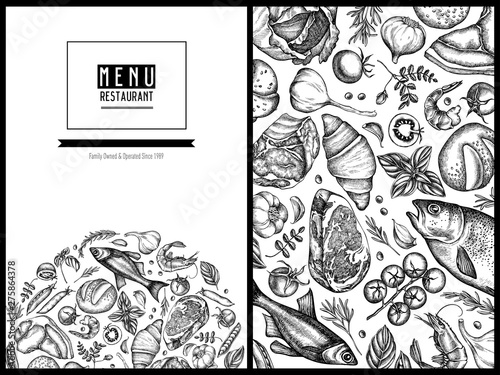 Menu cover floral design with black and white garlic, cherry tomatoes, peas, fish, shrimp, cabbage, beef, buns and bread, croissants and bread, basil, rosemary