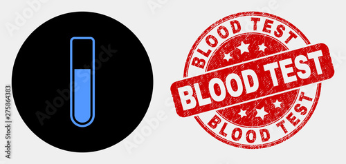 Rounded test-tube icon and Blood Test seal. Red rounded grunge seal stamp with Blood Test text. Blue test-tube icon on black circle. Vector composition for test-tube in flat style.