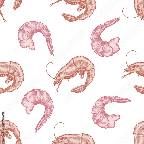 Seamless pattern with hand drawn pastel shrimp