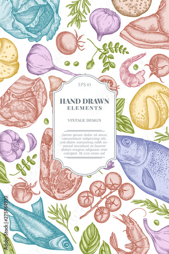 Card design with pastel garlic, cherry tomatoes, peas, fish, shrimp, cabbage, beef, buns and bread, croissants and bread, basil, rosemary
