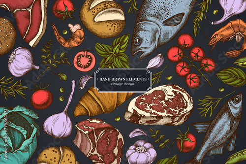 Floral design on dark background with garlic, cherry tomatoes, peas, fish, shrimp, cabbage, beef, buns and bread, croissants and bread, basil, rosemary