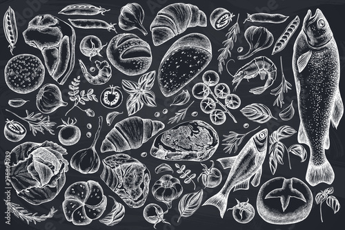 Vector set of hand drawn chalk garlic, cherry tomatoes, peas, fish, shrimp, cabbage, beef, buns and bread, croissants and bread, basil, rosemary
