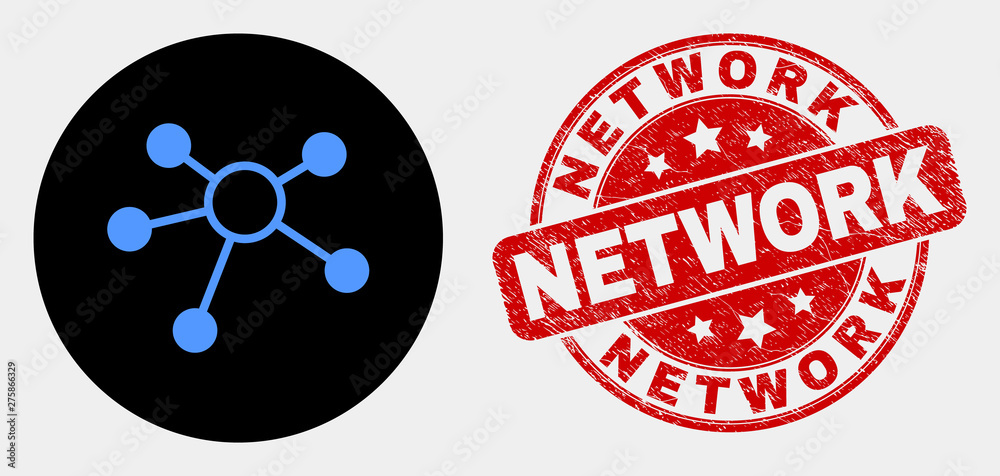 Rounded links pictogram and Network seal stamp. Red rounded distress seal stamp with Network caption. Blue links symbol on black circle. Vector combination for links in flat style.