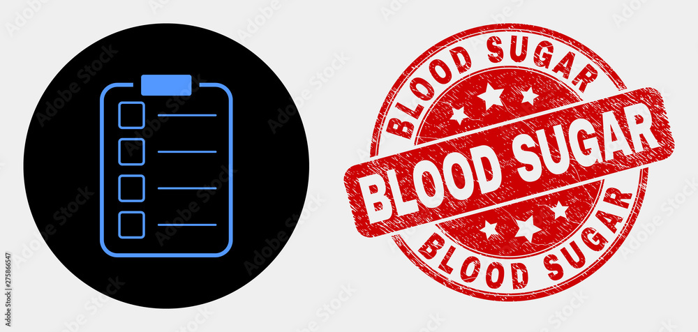 Rounded list items pad icon and Blood Sugar seal stamp. Red rounded grunge seal stamp with Blood Sugar caption. Blue list items pad icon on black circle. Rounded list items pad icon and Blood Sugar seal stamp. Red rounded grunge seal stamp with Blood Sugar caption. Blue list items pad icon on black circle.