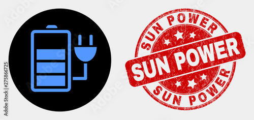 Rounded charge battery icon and Sun Power seal stamp. Red rounded distress seal stamp with Sun Power caption. Blue charge battery symbol on black circle.