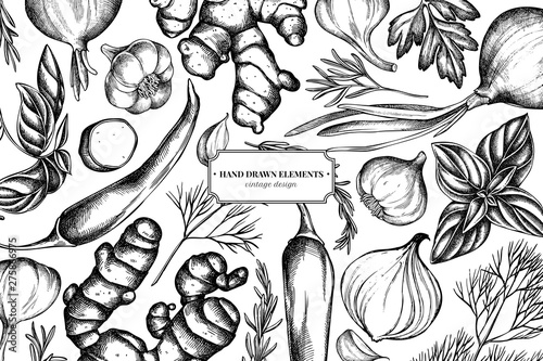 Floral design with black and white onion, garlic, pepper, greenery, ginger, basil, rosemary