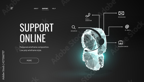 Customer service online. Low poly wireframe style. Isometric robot, chat bot. ?all center infographics. Abstract isolated on blue background. Particles are connected in a geometric silhouette.