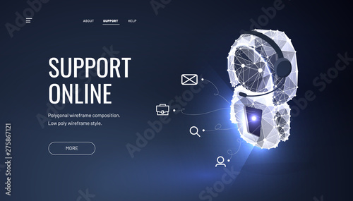 Customer service online. Low poly wireframe style. Isometric robot, chat bot. ?all center infographics. Abstract isolated on blue background. Particles are connected in a geometric silhouette.