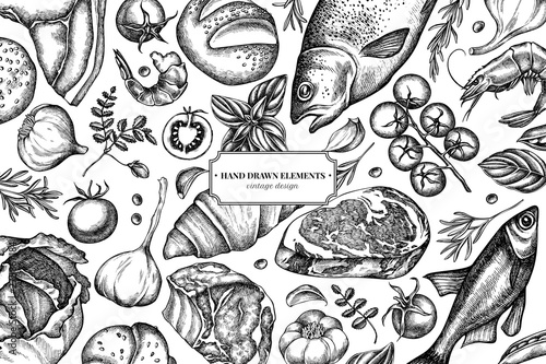 Floral design with black and white garlic, cherry tomatoes, peas, fish, shrimp, cabbage, beef, buns and bread, croissants and bread, basil, rosemary