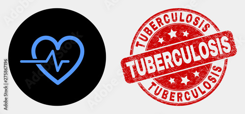 Rounded heart pulse icon and Tuberculosis watermark. Red rounded grunge watermark with Tuberculosis text. Blue heart pulse icon on black circle. Vector combination for heart pulse in flat style.