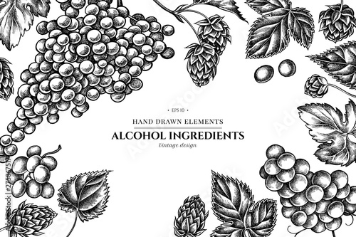 Floral design with black and white grapes, hop