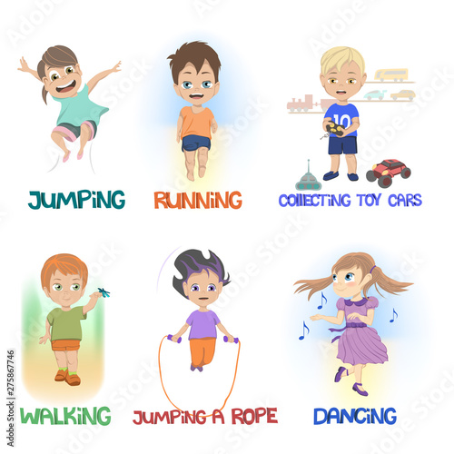 Cartoon of children doing different fun activities including running walking dancing collecting toy cars and jumping a rope. Vector illustration.