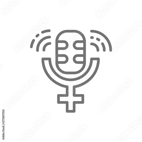 Microphone with gender female symbol, public speech line icon.