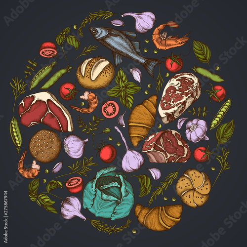 Round floral design on dark background with garlic, cherry tomatoes, peas, fish, shrimp, cabbage, beef, buns and bread, croissants and bread, basil, rosemary
