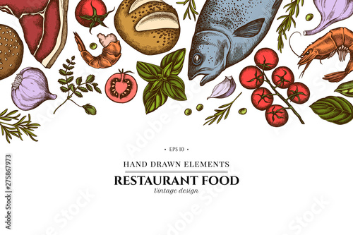 Floral design with colored garlic, cherry tomatoes, peas, fish, shrimp, cabbage, beef, buns and bread, croissants and bread, basil, rosemary