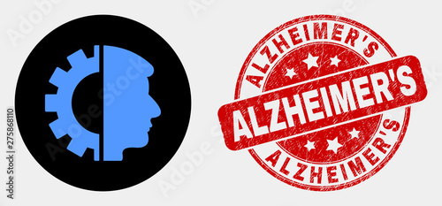 Rounded head gear pictogram and Alzheimer'S stamp. Red rounded grunge seal stamp with Alzheimer'S text. Blue head gear symbol on black circle. Vector composition for head gear in flat style.