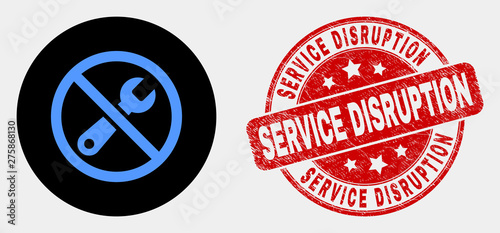 Rounded forbidden repair icon and Service Disruption stamp. Red rounded distress watermark with Service Disruption text. Blue forbidden repair icon on black circle.