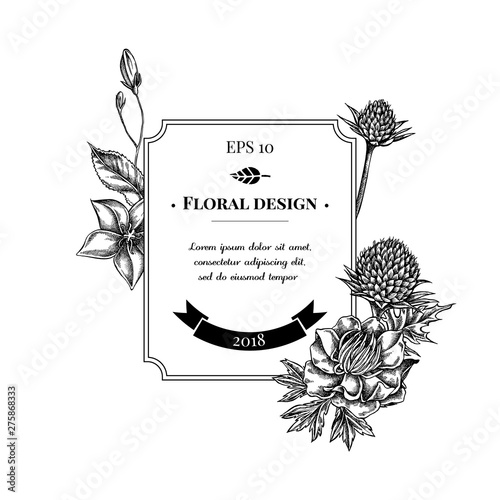Badge design with black and white bellflower, globethistle, globeflower