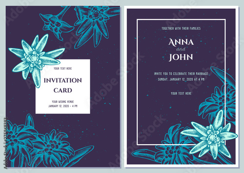 Wedding invitation card with blue edelweiss