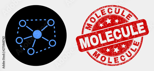 Rounded links icon and Molecule seal stamp. Red rounded textured seal stamp with Molecule text. Blue links symbol on black circle. Vector composition for links in flat style.