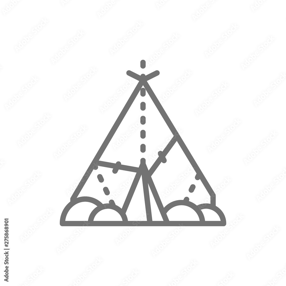 Indian wigwam, prehistoric house, primitive home line icon. Indian wigwam, prehistoric house, primitive home line icon.
