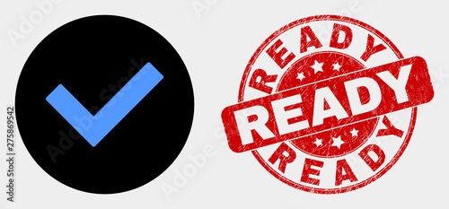 Rounded validated tick icon and Ready seal stamp. Red rounded grunge seal with Ready caption. Blue validated tick icon on black circle. Vector composition for validated tick in flat style.