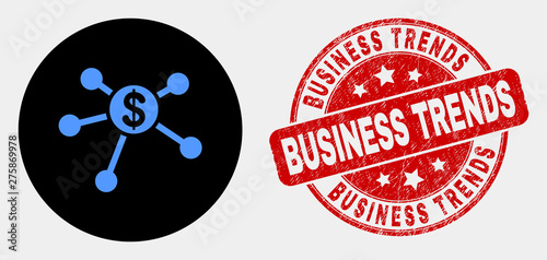 Rounded dollar links icon and Business Trends stamp. Red rounded distress seal stamp with Business Trends caption. Blue dollar links icon on black circle.