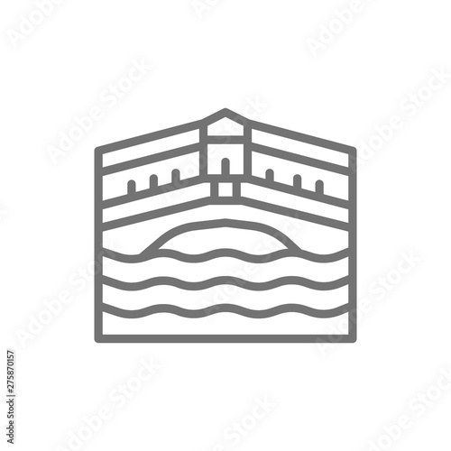 Rialto Bridge, landmark of Venice, Italy line icon.