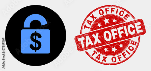 Rounded bank lock icon and Tax Office stamp. Red rounded textured seal stamp with Tax Office text. Blue bank lock icon on black circle. Vector composition for bank lock in flat style.