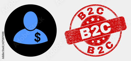 Rounded banker icon and B2C seal. Red rounded distress seal with B2C caption. Blue banker icon on black circle. Vector composition for banker in flat style.