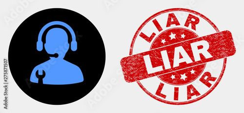 Rounded service operator icon and Liar watermark. Red rounded grunge watermark with Liar caption. Blue service operator icon on black circle. Vector combination for service operator in flat style.
