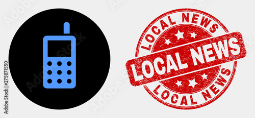 Rounded radio transmitter icon and Local News seal stamp. Red rounded scratched seal stamp with Local News caption. Blue radio transmitter icon on black circle.