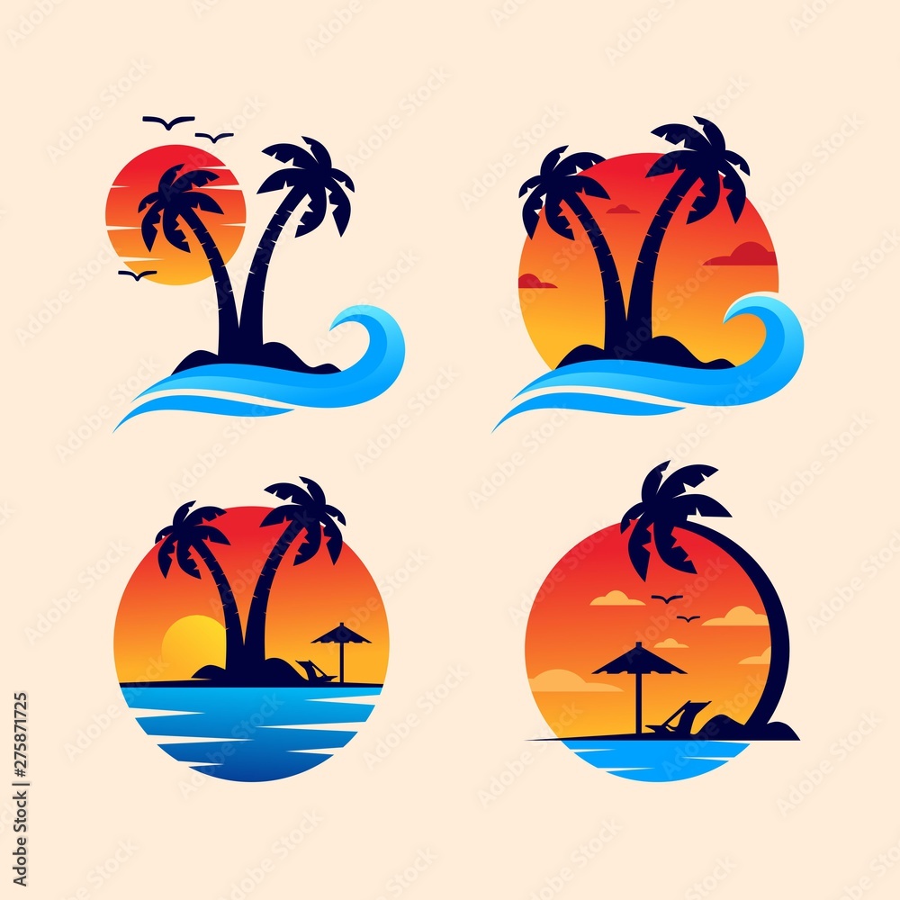 sunset beach logo design. vector illustration