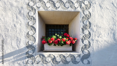 typical window with sgraffito and red flowers in Engadin photo