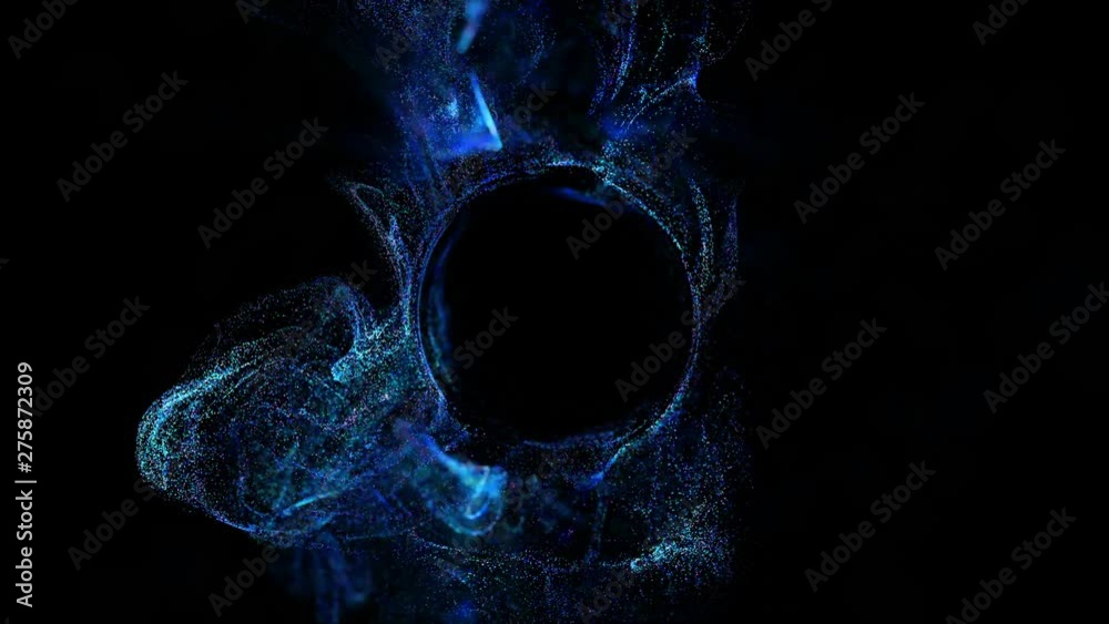 4k glow particles move in liquid flow and stumble upon a force field in the center of frame pushing apart particles, this is place for text or a logo. 3d sparkle ink with depth of field. Blue 3