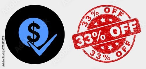 Rounded valid dollar coin icon and 33% Off seal stamp. Red rounded distress stamp with 33% Off caption. Blue valid dollar coin icon on black circle.