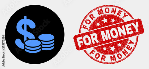 Rounded cash icon and For Money seal stamp. Red rounded grunge seal stamp with For Money caption. Blue cash icon on black circle. Vector combination for cash in flat style.