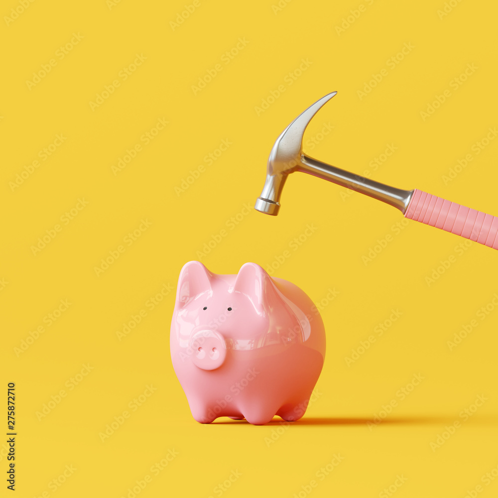 Pink piggy bank with hammer on yellow background. 3d rendering - obrazy, fototapety, plakaty 