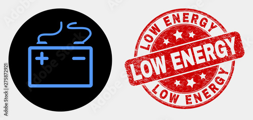 Rounded accumulator battery pictogram and Low Energy seal stamp. Red rounded scratched seal with Low Energy text. Blue accumulator battery icon on black circle.