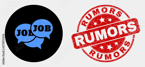 Rounded job forum messages pictogram and Rumors seal stamp. Red rounded textured seal stamp with Rumors caption. Blue job forum messages icon on black circle.