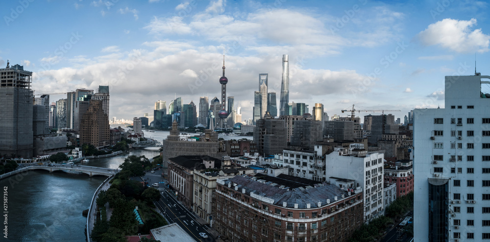 aerial view of Lujiazui, Shanghai city, landmarks of Shanghai with Huangpu river in the afternoon