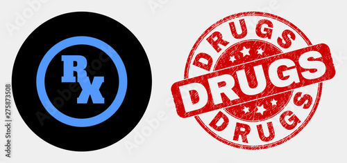 Rounded RX receipt symbol icon and Drugs seal. Red rounded textured stamp with Drugs caption. Blue RX receipt symbol icon on black circle. Vector combination for RX receipt symbol in flat style.