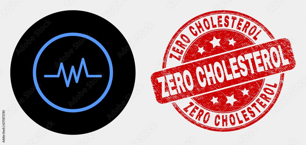 Rounded pulse signal icon and Zero Cholesterol stamp. Red rounded scratched seal stamp with Zero Cholesterol text. Blue pulse signal icon on black circle. Rounded pulse signal icon and Zero Cholesterol stamp. Red rounded scratched seal stamp with Zero Cholesterol text. Blue pulse signal icon on black circle.