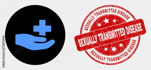 Rounded medical donation hand icon and Sexually Transmitted Disease stamp. Red rounded grunge seal stamp with Sexually Transmitted Disease text. Blue medical donation hand icon on black circle.